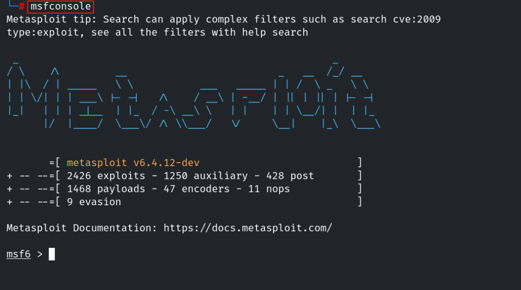 Metasploit console interface